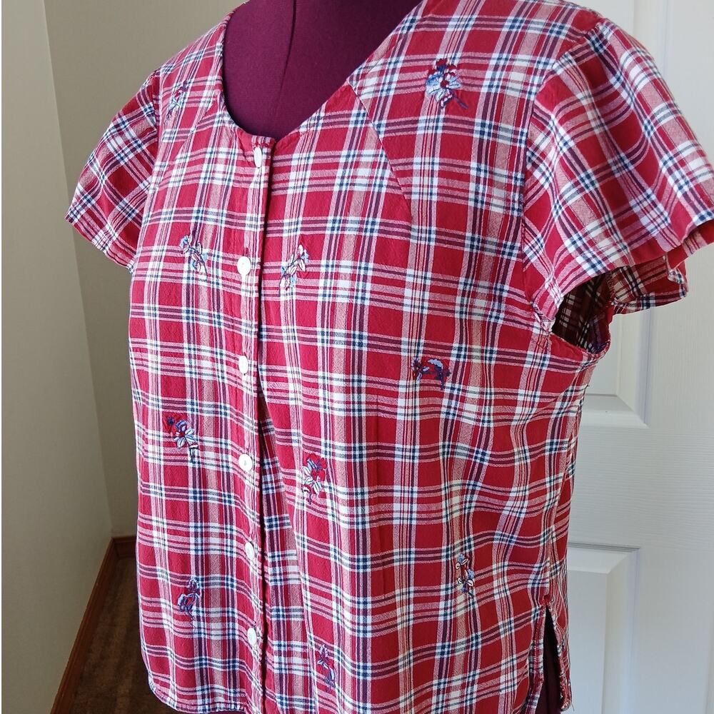 Cascade Blues red plaid embroidered blouse L altered repaired cotton button vtg